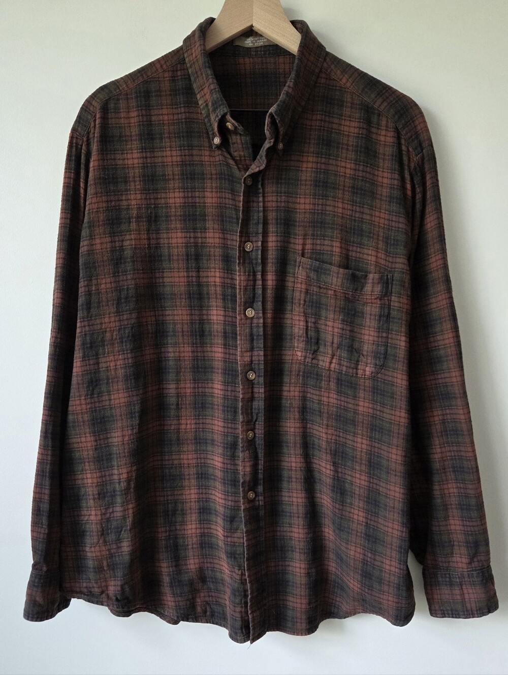Vintage Brown Green Plaid Cotton Flannel Button Down Shirt Mens Size Estimate XL